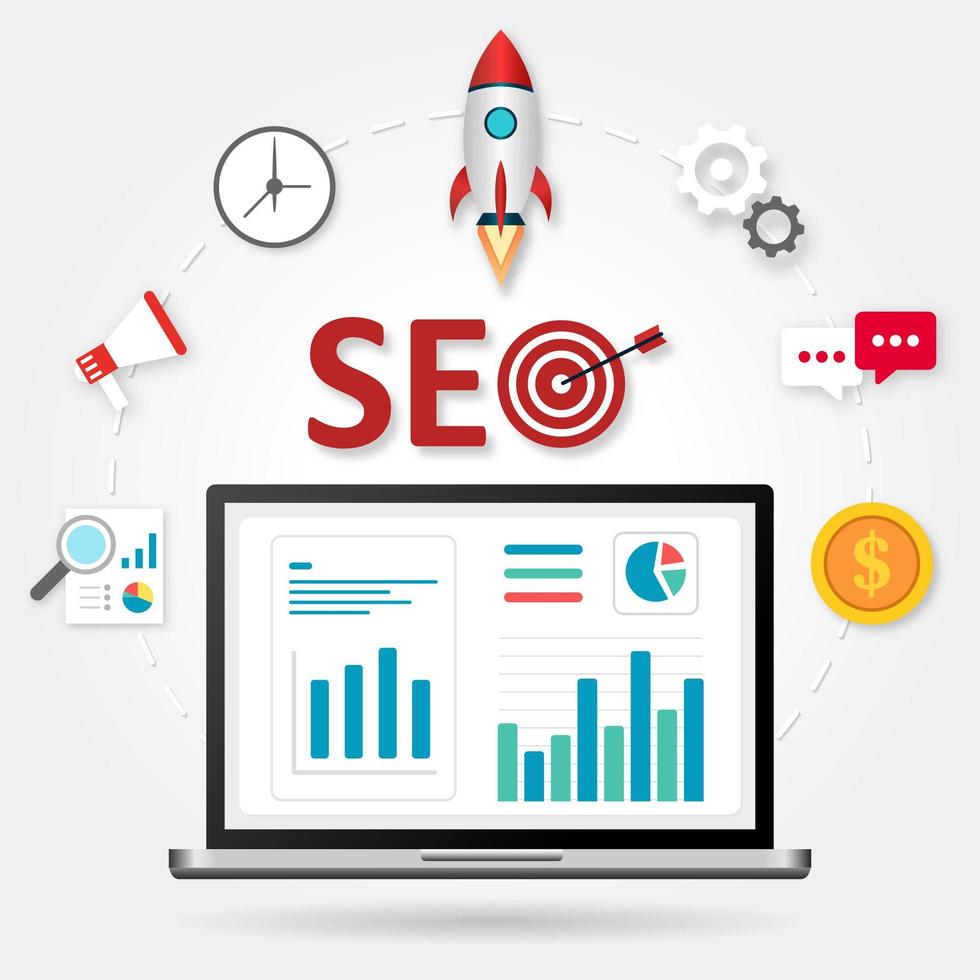 seo design with rocket and elements around laptop vector