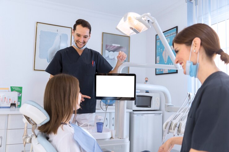 smiling patient dentist s having conversation dental clinic