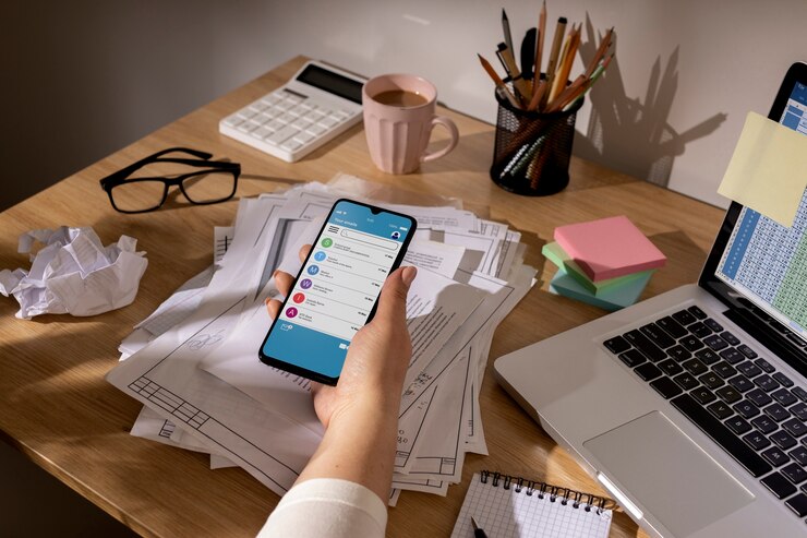 view messy office workspace with smartphone